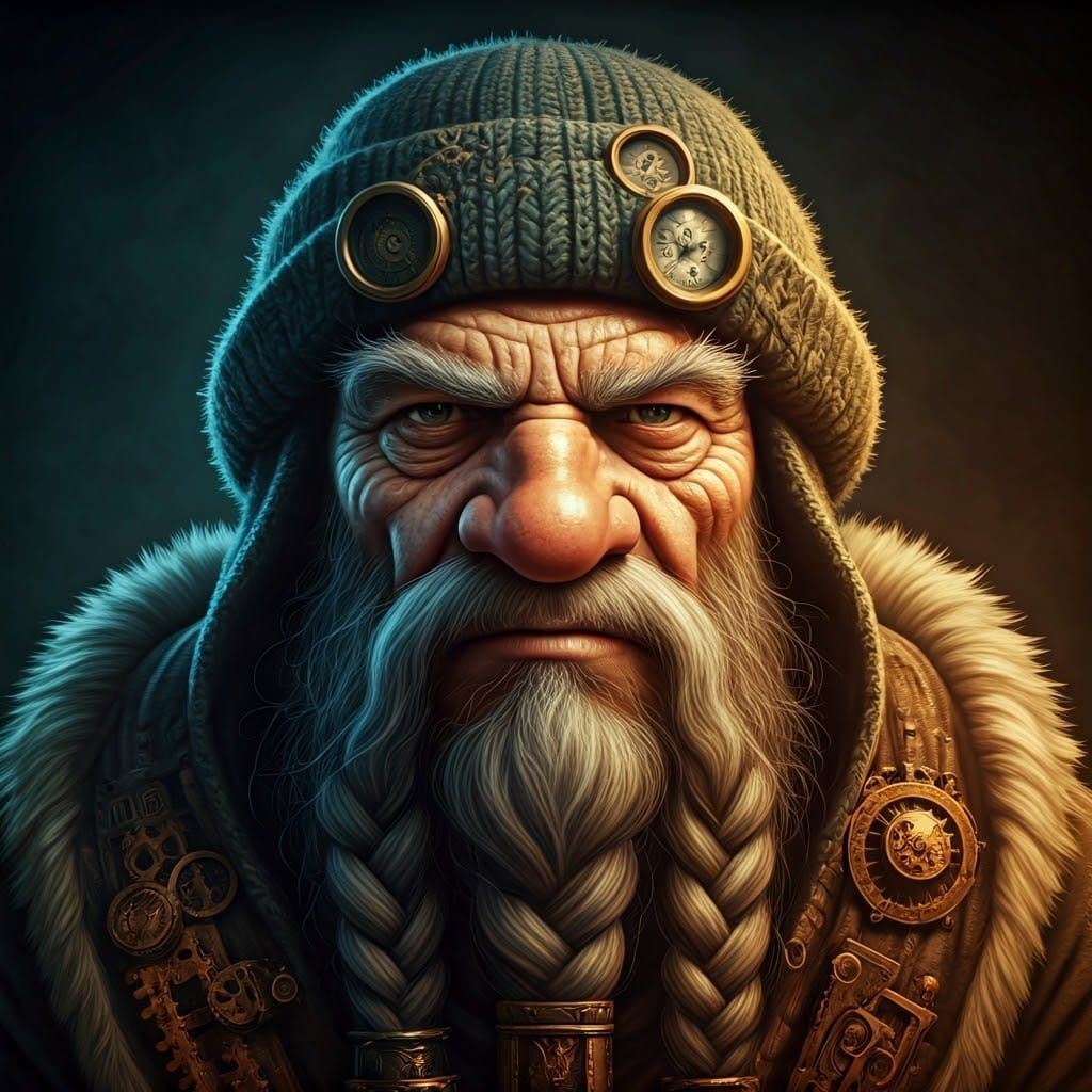 Grizzled Dwarf Wizard in Intricate Clockwork Attire