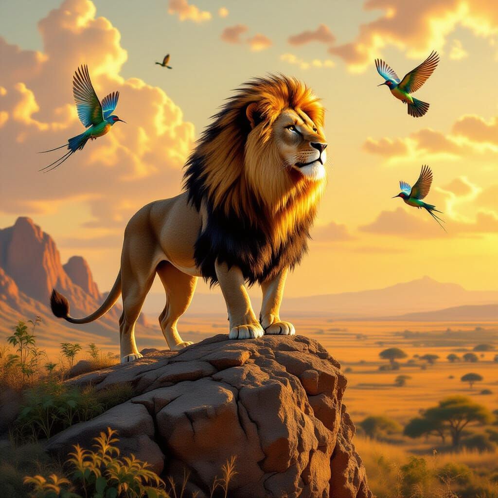 Lion Overlooking Savanna in Hyper-Realistic Fantasy Art