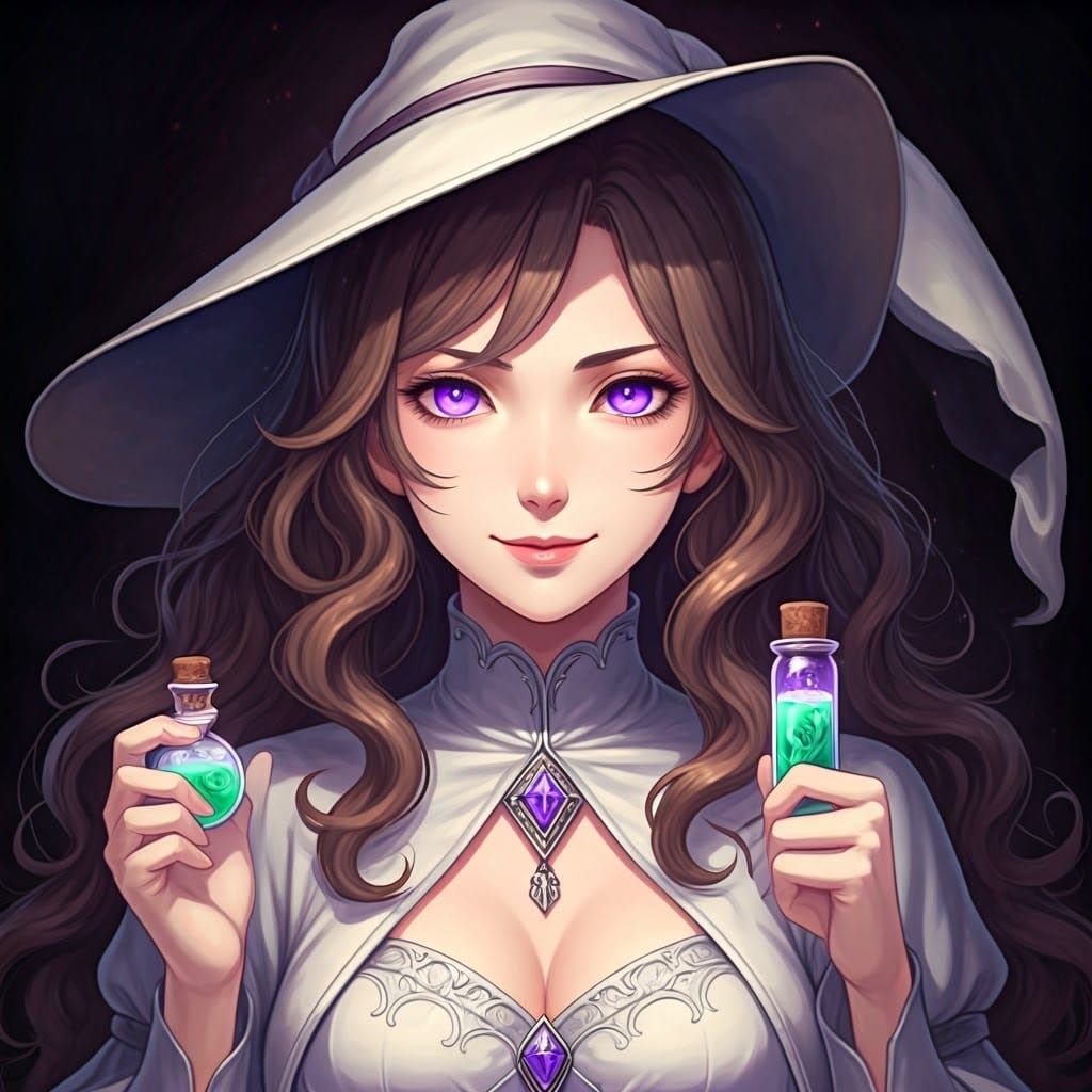 Woman with Potion Vials in Cel-Shaded Anime Style