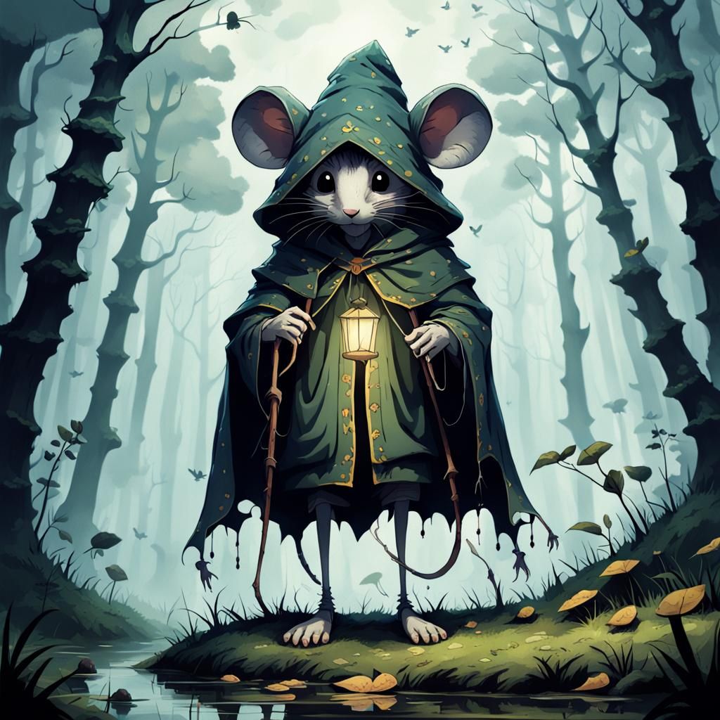Eerie Forest Scene with Mouse-Headed Creature