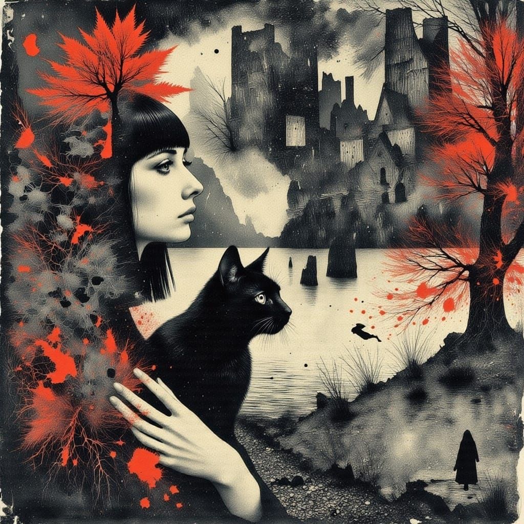Woman with Cat in Divided Dress: Digital Art