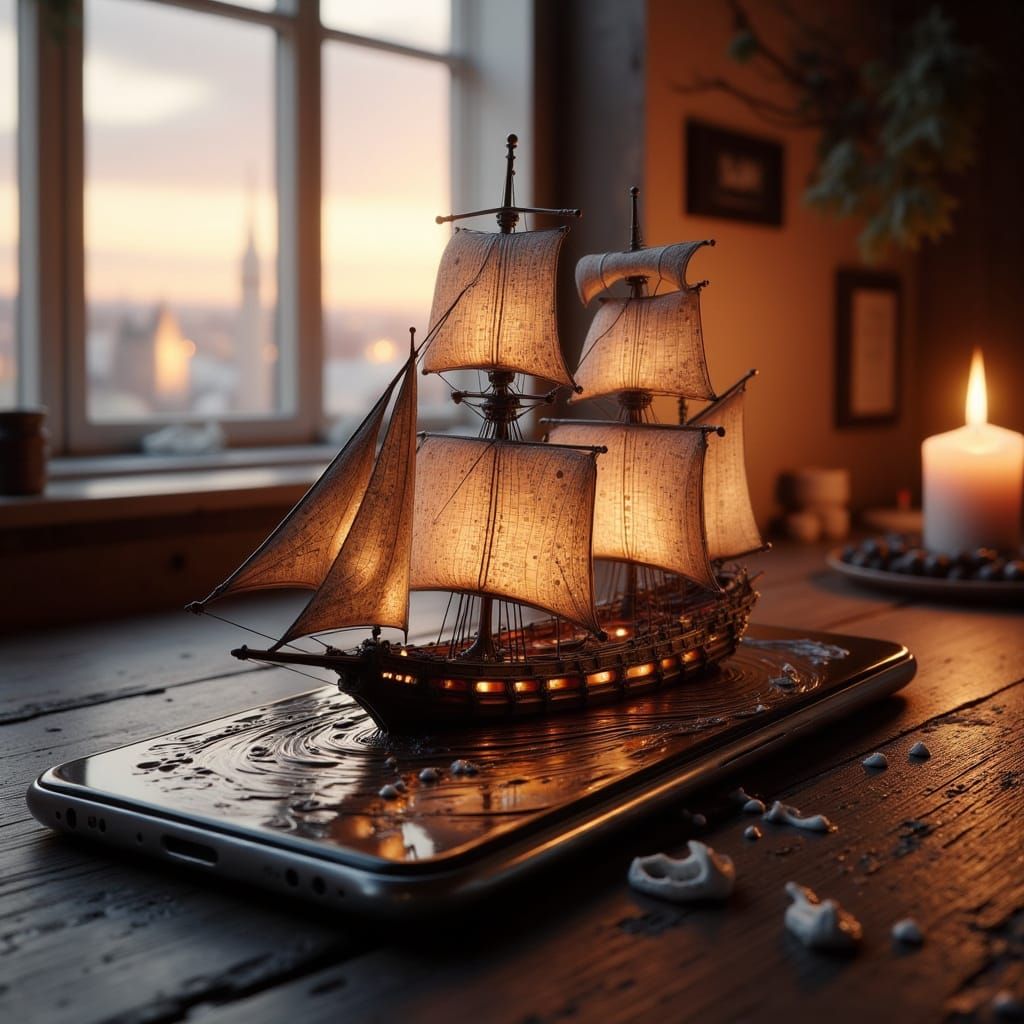 Sailing Ship Emerges From Smartphone, Hyperrealistic Digital...