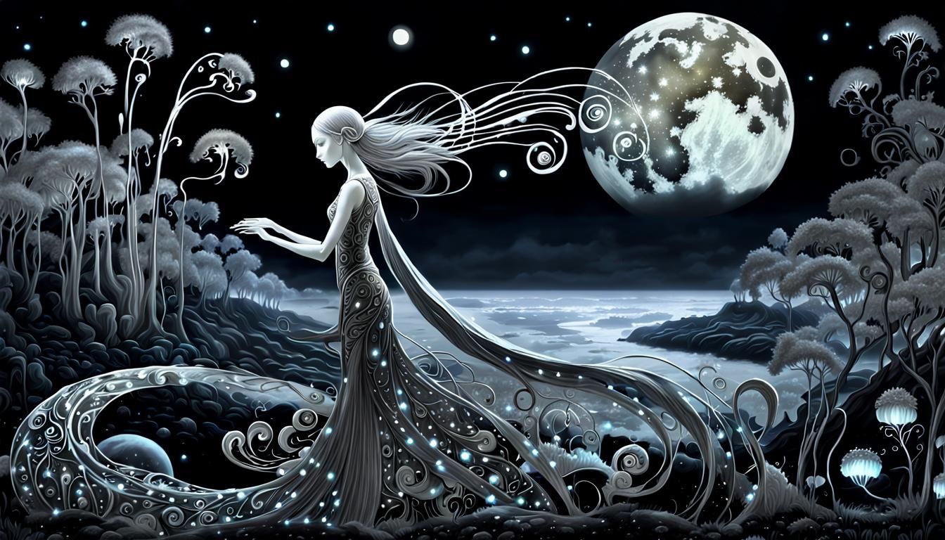 Fabled Bioluminescent Sea Princess in Grayscale