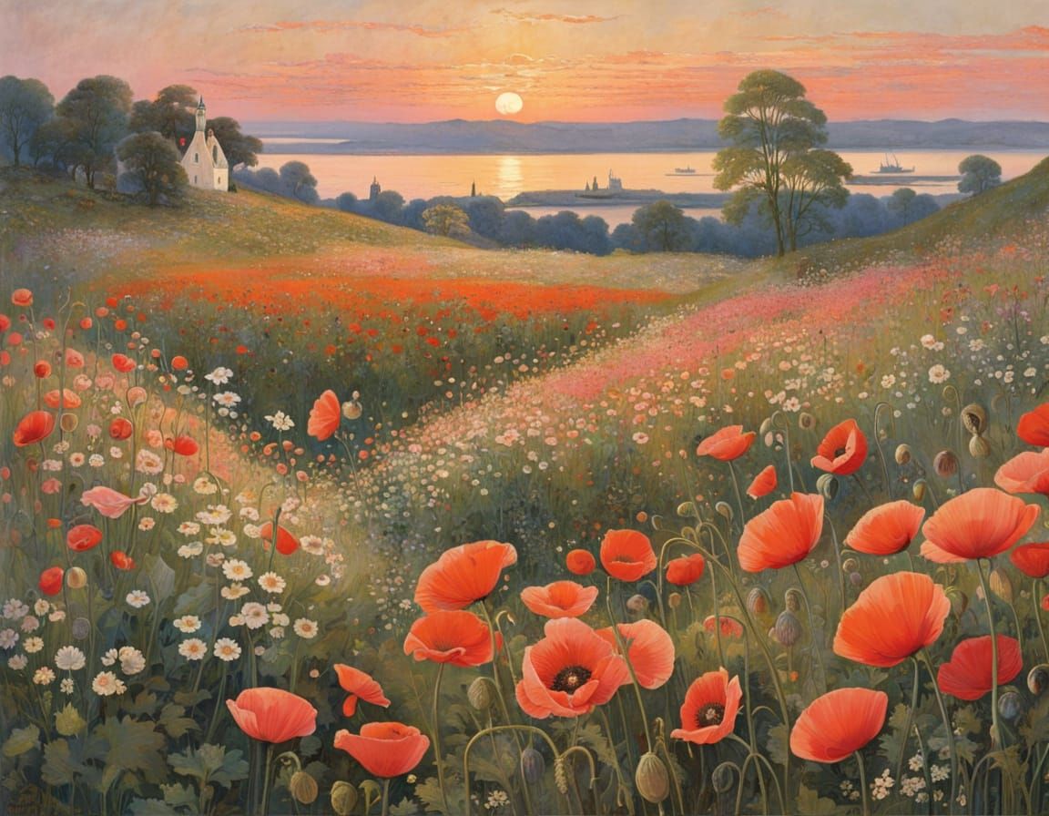 Surreal Poppies Bloom in Pastel Evening Light