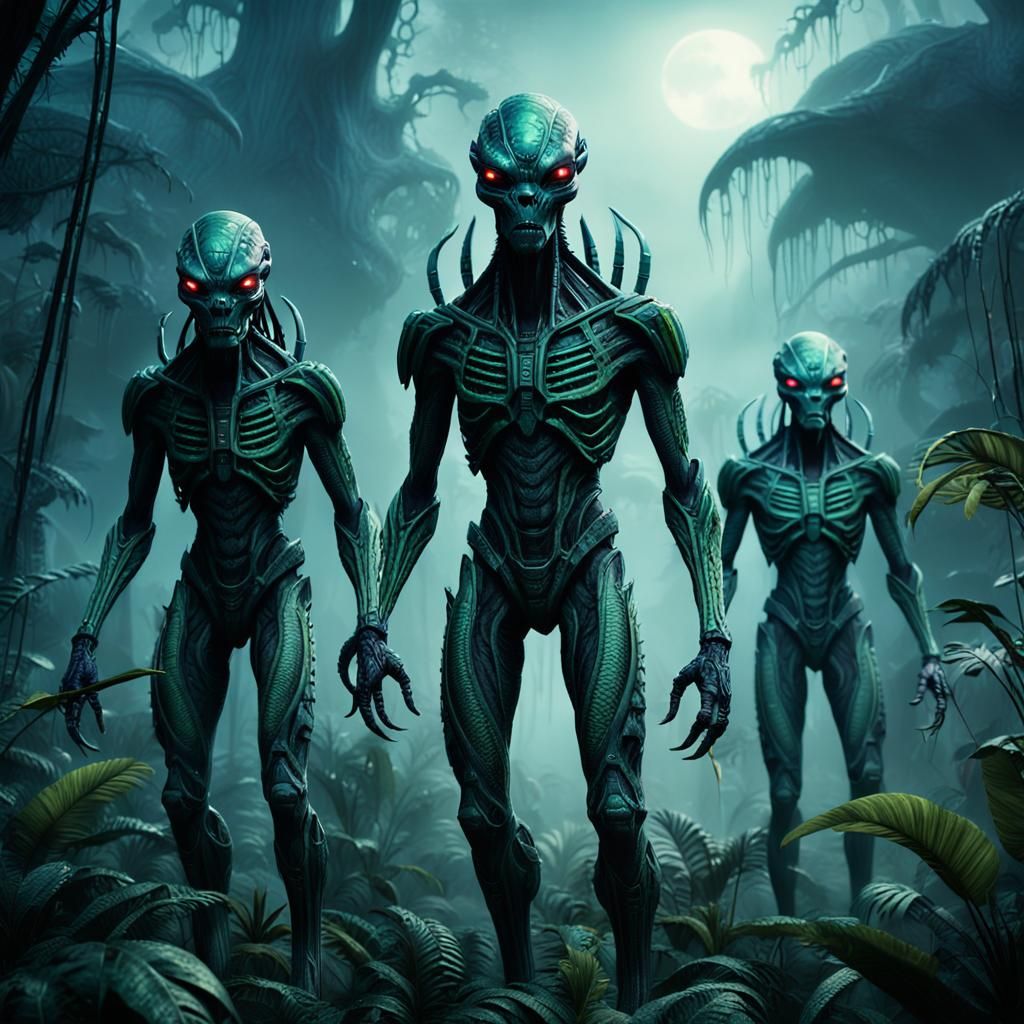 Predator-Inspired Aliens in Dimly Lit Jungle