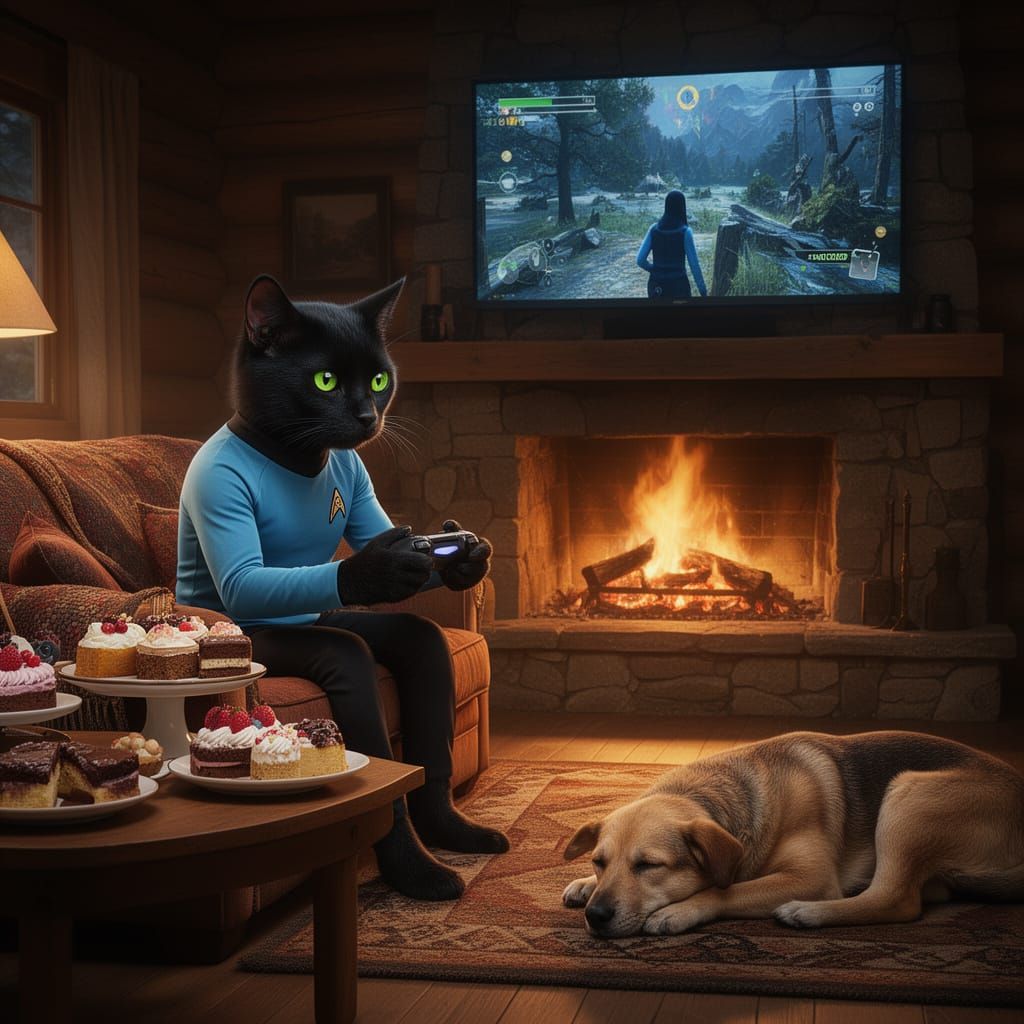 Cat Dressed as Spock Plays Video Games in Cozy Cabin