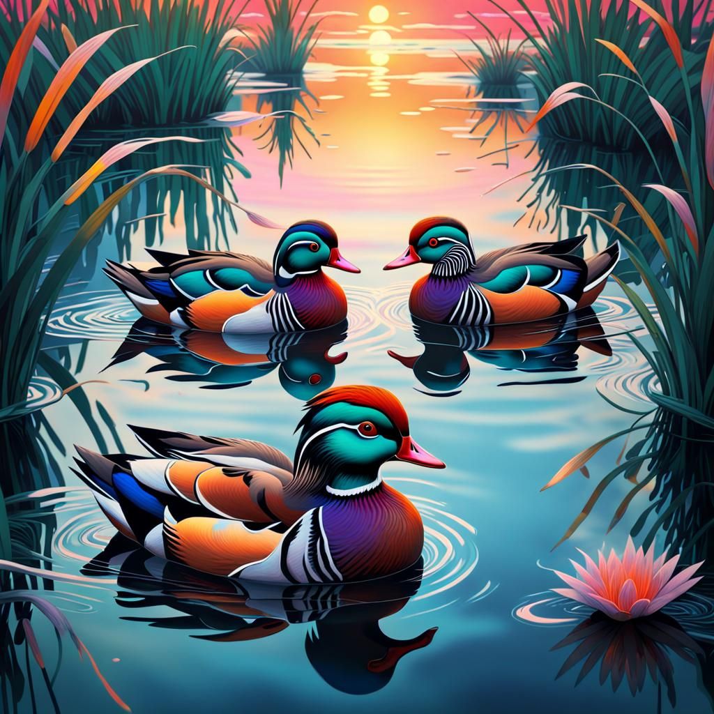 Mandarin Ducks Swim at Sunrise in Synthwave Style
