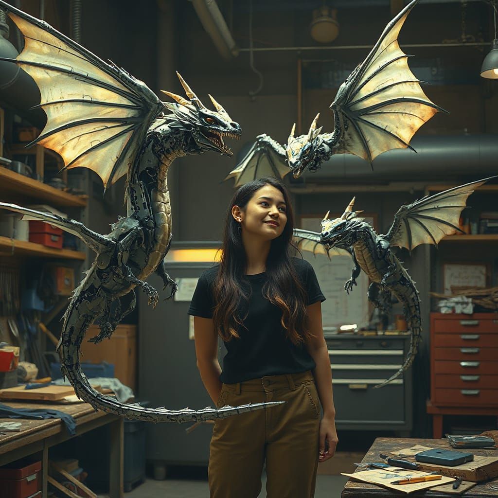 Surreal Fantasy Workshop Scene with Robotic Dragons in Cyber...