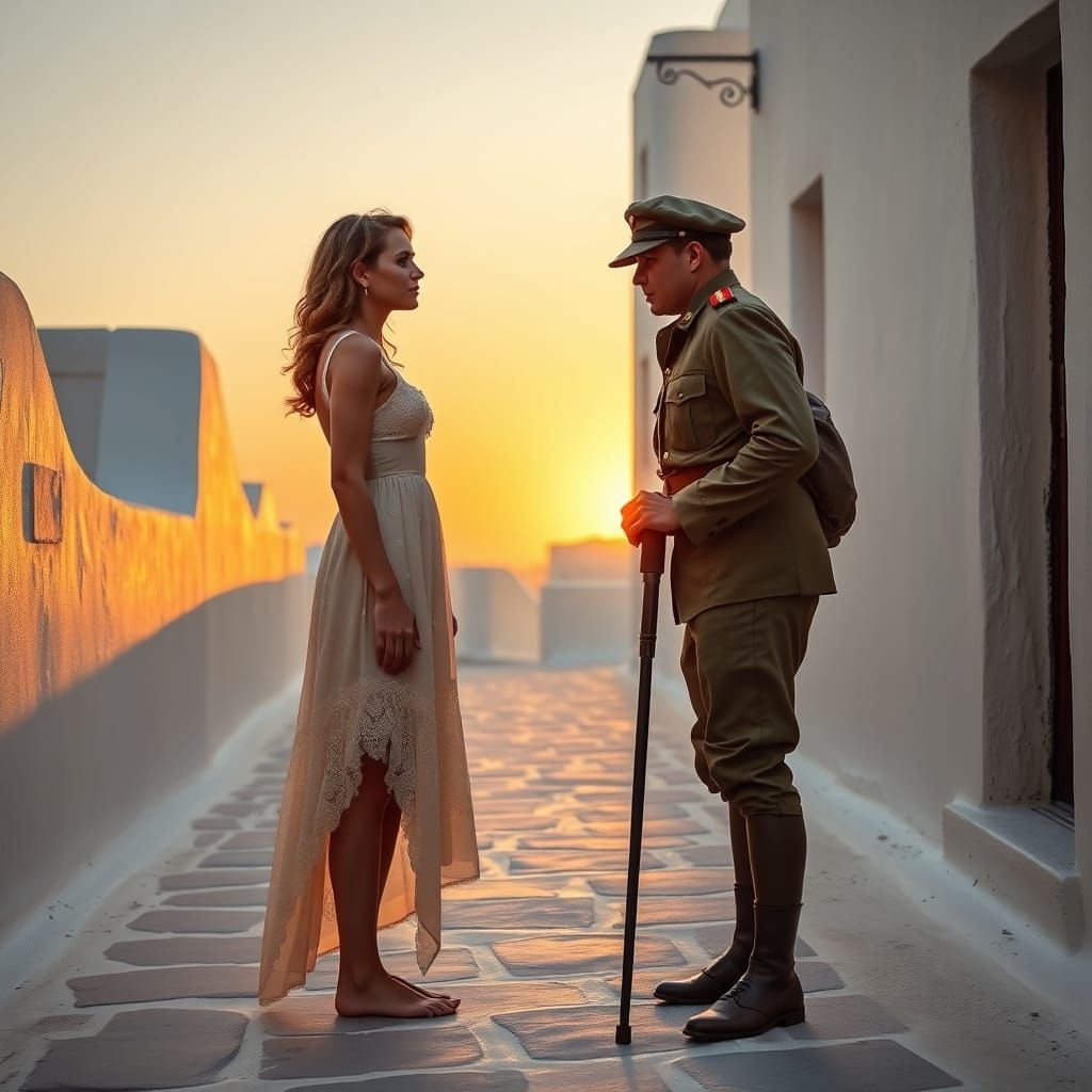 Santorini Sunset: Woman and Soldier in Poignant Encounter