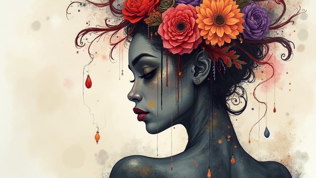 Vibrant Watercolor Macabre Portrayal