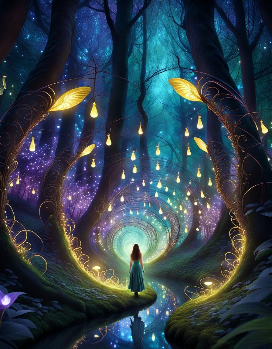 Ethereal Fantasy Forest with Traveler in Firefly Light