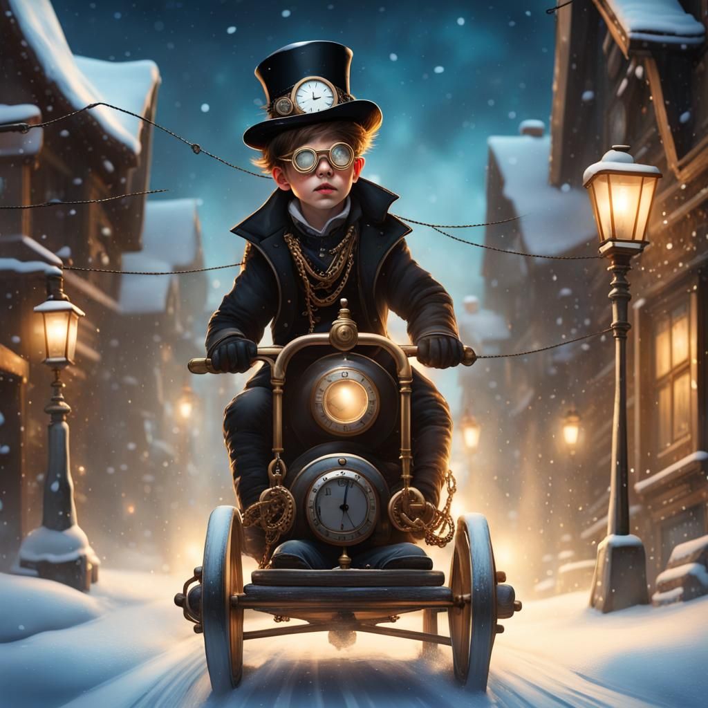 Boy wearing steampunk top hat, goggles, black vest with chai...