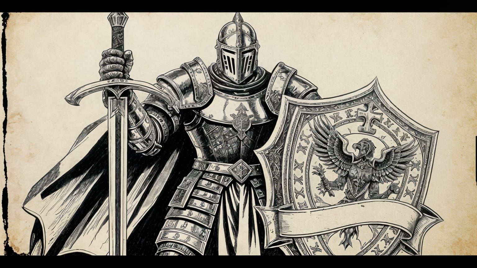 Legendary Knight in Full Armor: Ink Illustration