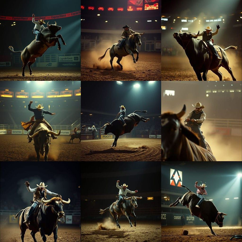 Epic Cinematic Film Still of Intense Bull Riding Competition