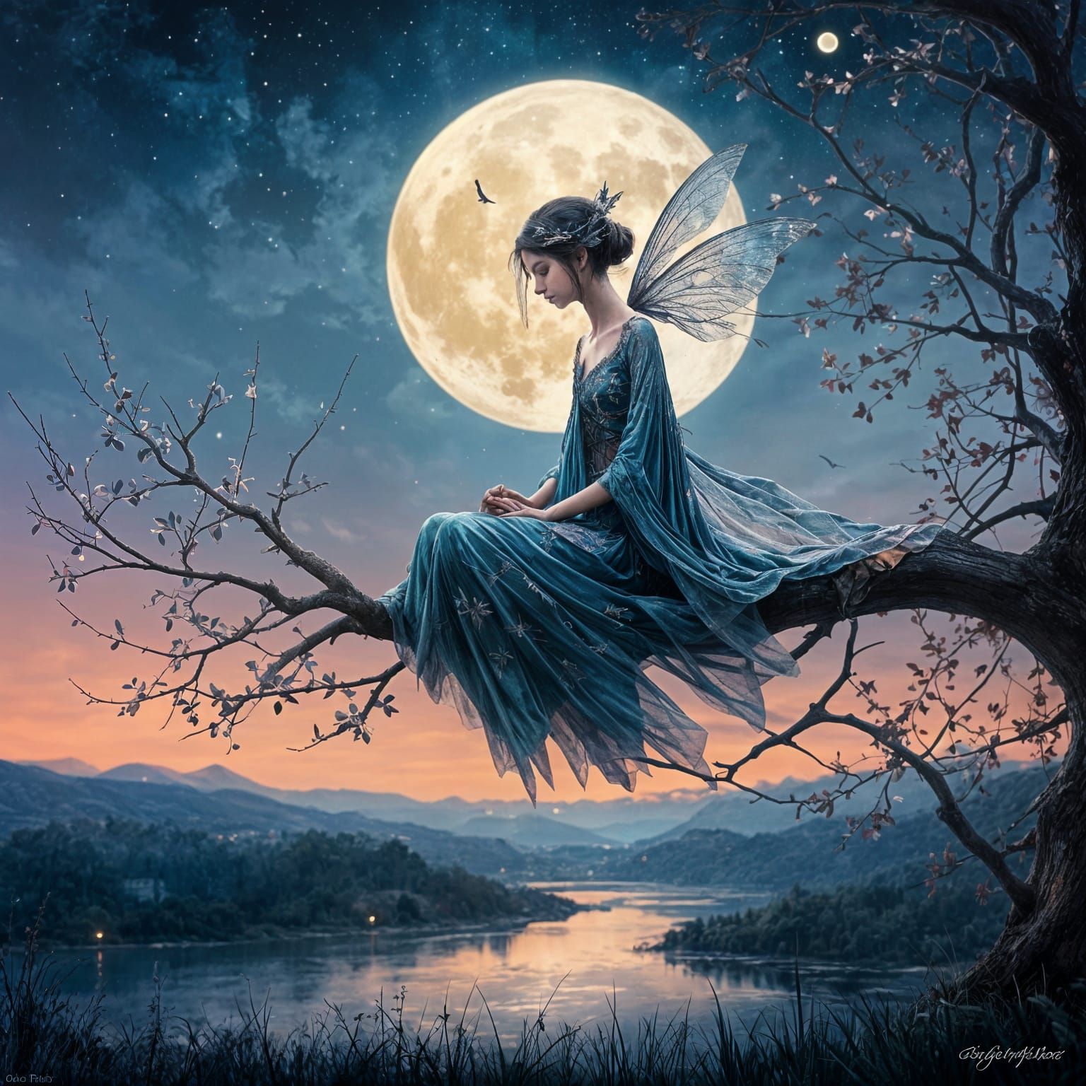 Fairy Resting on Branch at Twilight