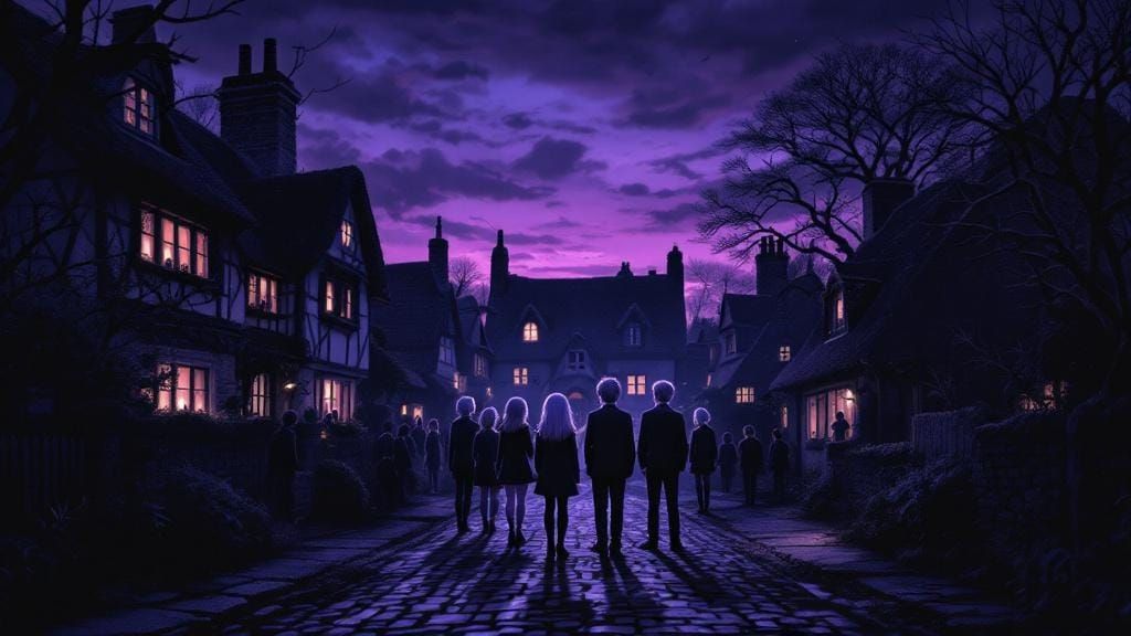Eerie Anime Village with Glowing-Eyed Children