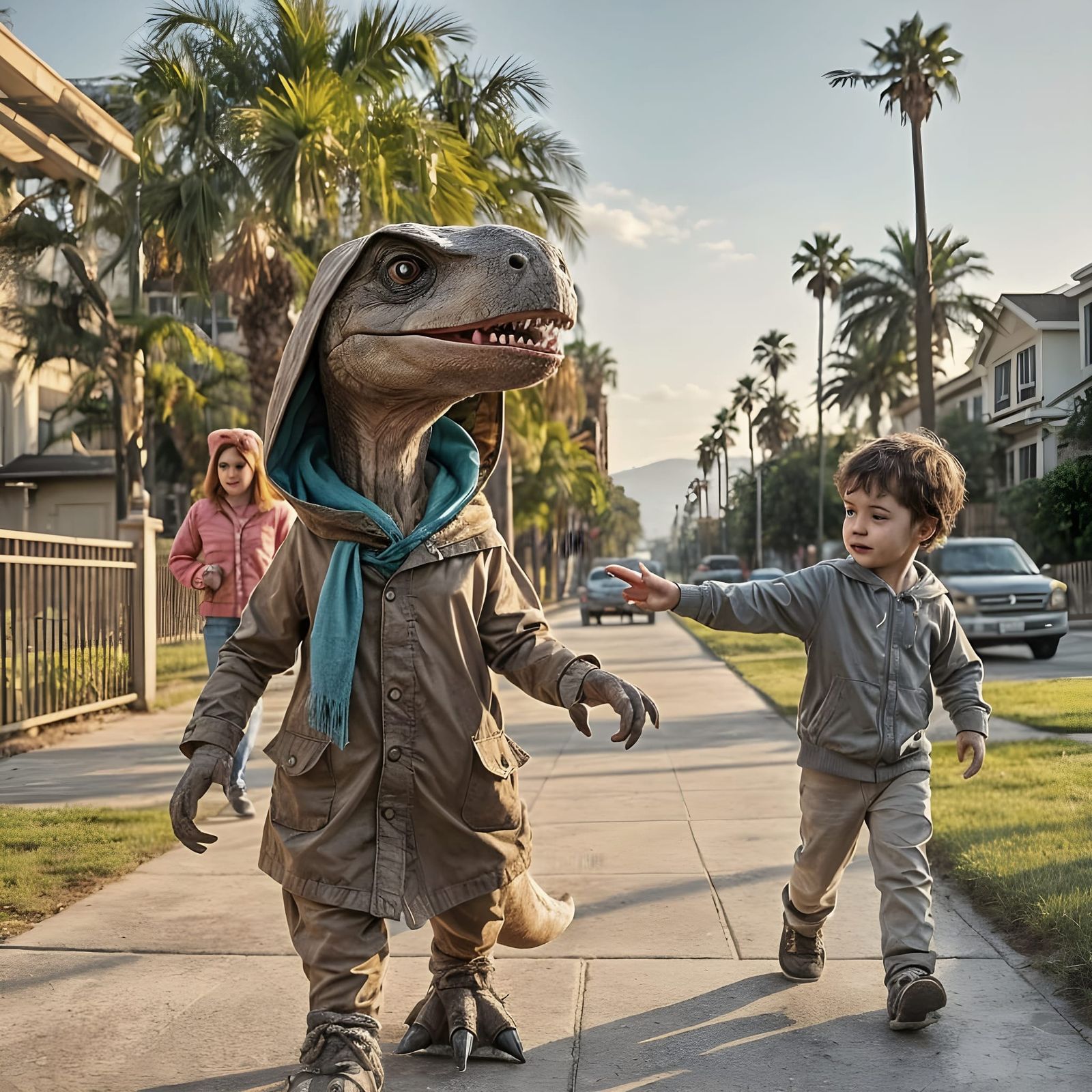 A Child and a Dinosaur Stroll Through a 1980s Los Angeles Ne...