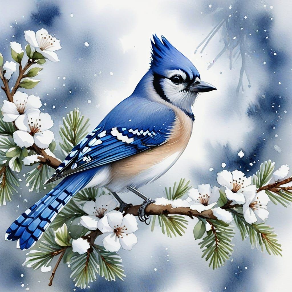Blue Jay on Snowy Branch in Watercolor