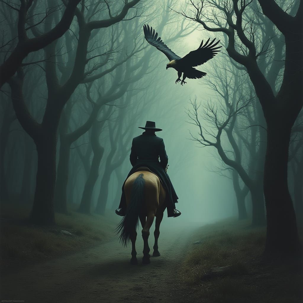 Eerie Horseback Rider in Dark Forest, Surreal Art