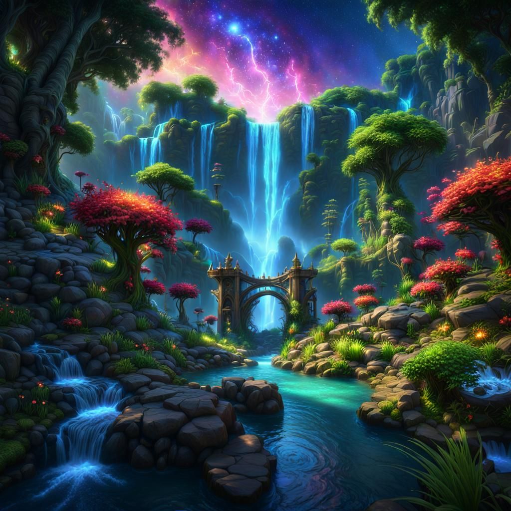 Enchanted Garden with Mana Waterfalls: Fantasy Concept Art
