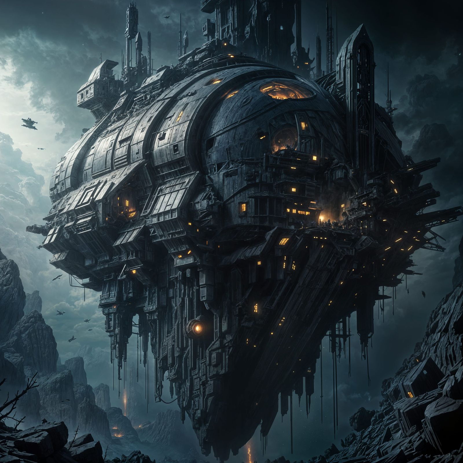 Dark Gothic Asteroid Outpost in Mad Max Sci Fi Style