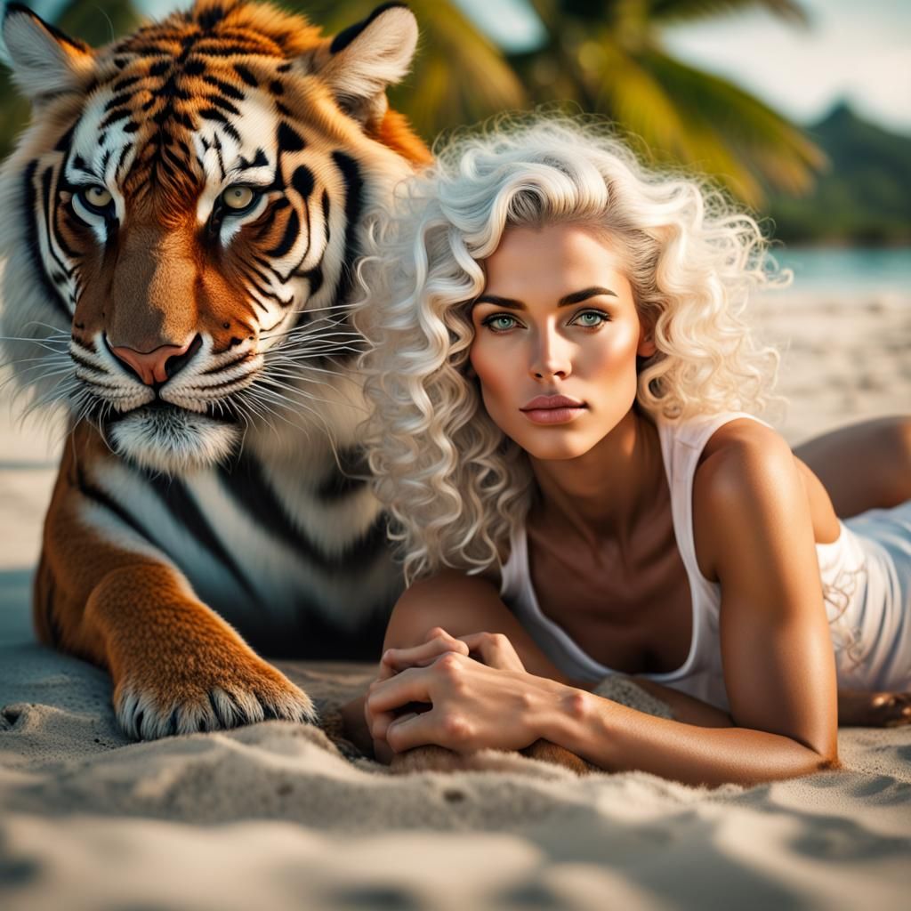 Woman and Tiger on Tropical Beach in HDR