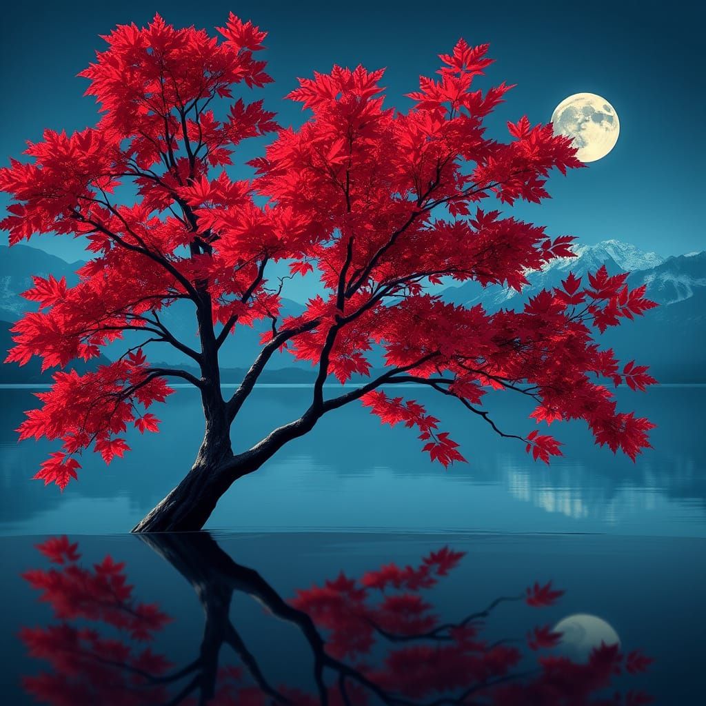 Red Maple Tree by Reflective Lake, Moonlit Mountains