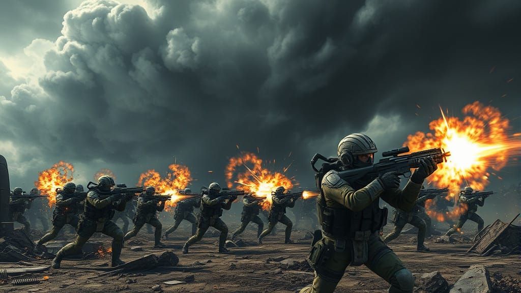 Dark Stormy Battlefield with Weary Futuristic Soldiers