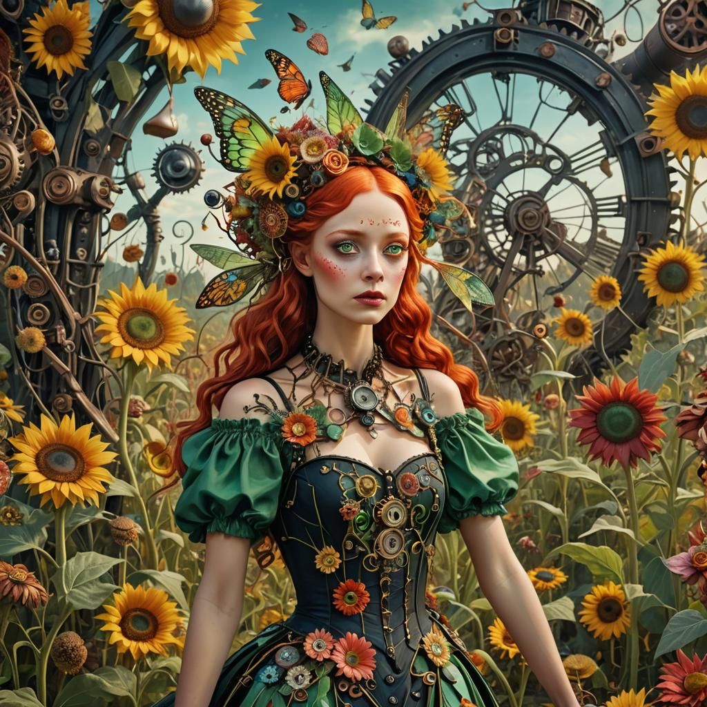 Winged Flower Fairy in Dreamlike Steampunk Landscape