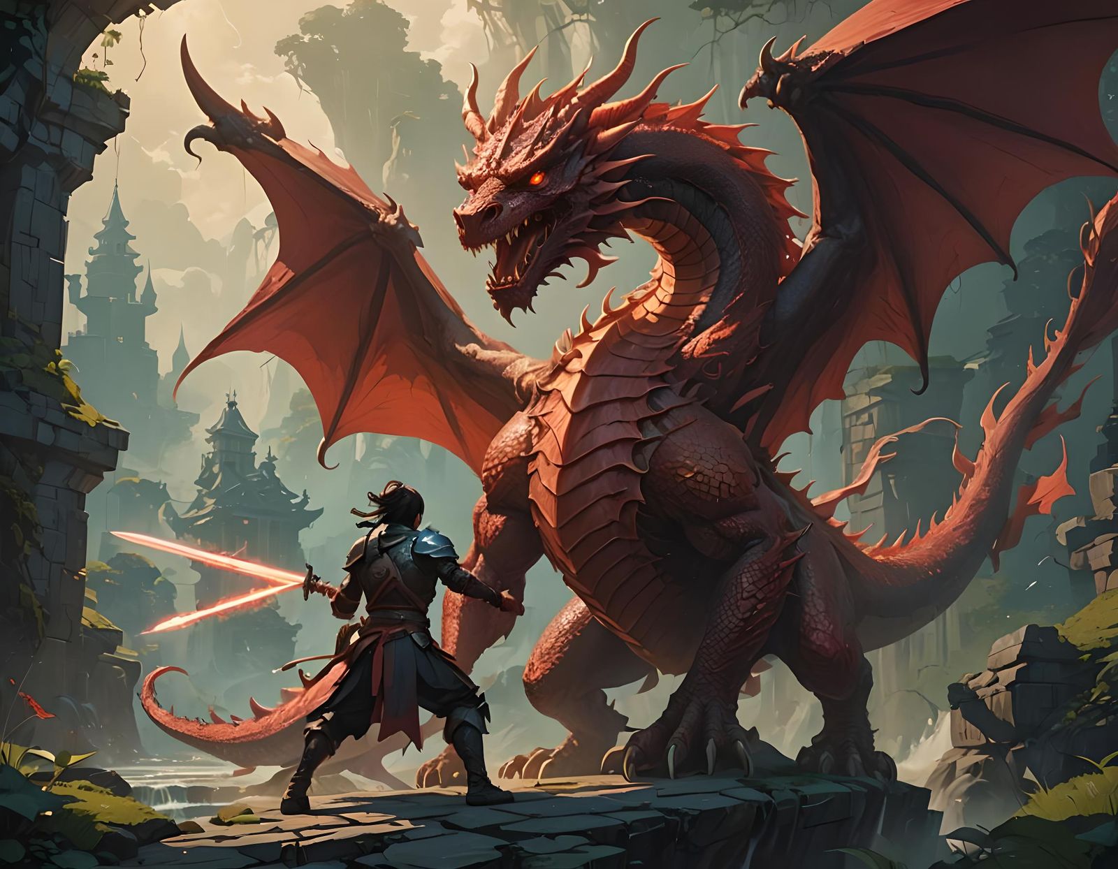 Dragon Knight with Sword in Epic Fantasy Style