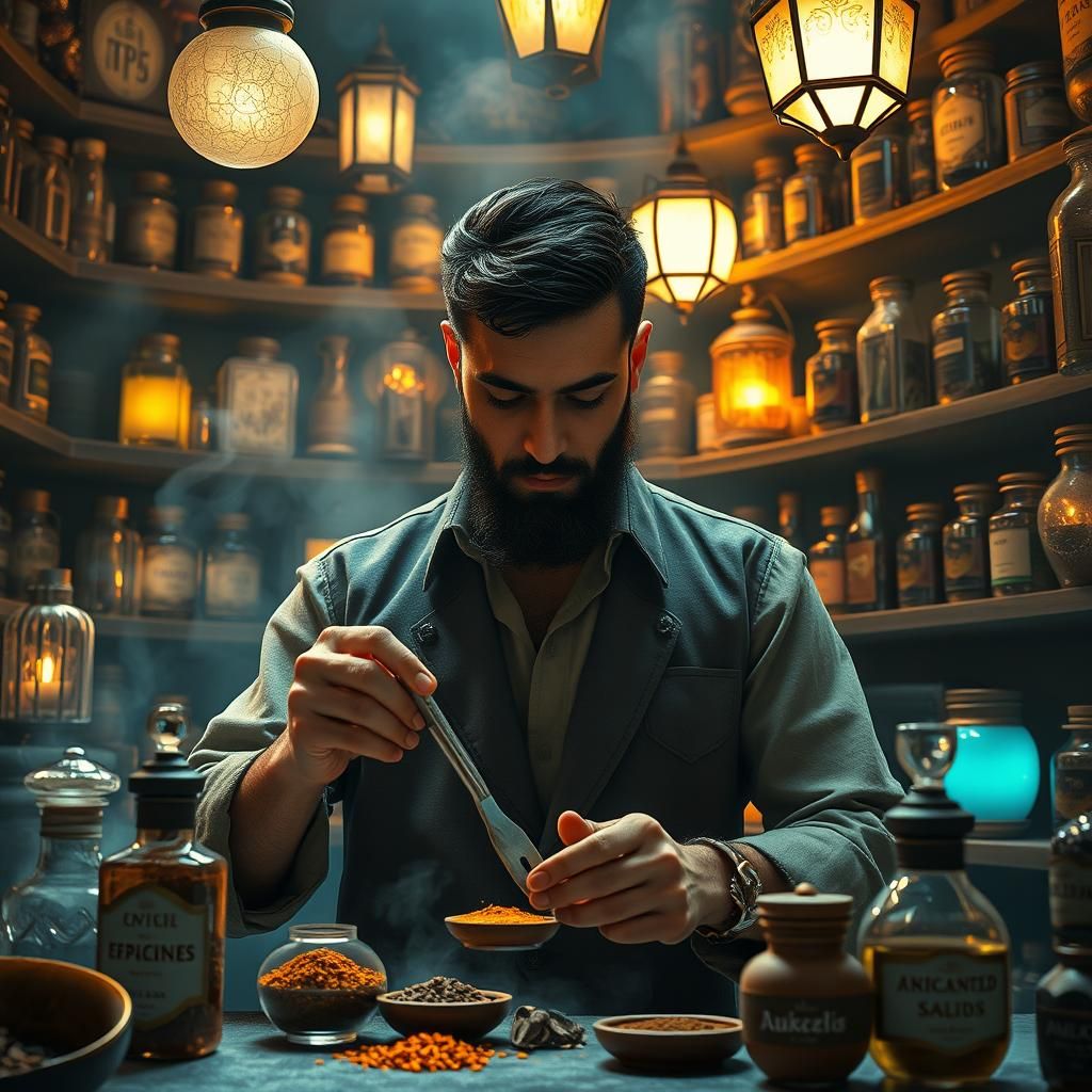 Mystical Apothecary Scene with Art Deco Influences