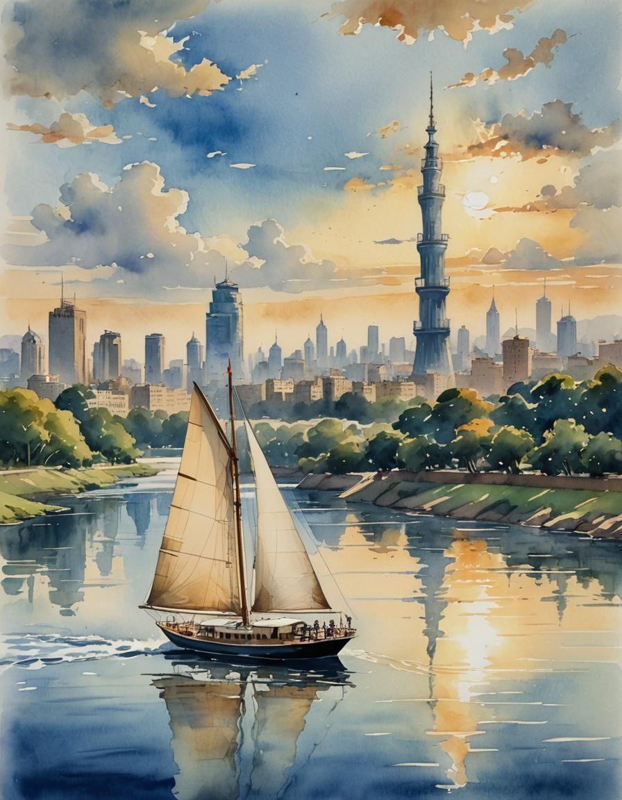River Nile Yacht in Miyazaki Watercolor Style