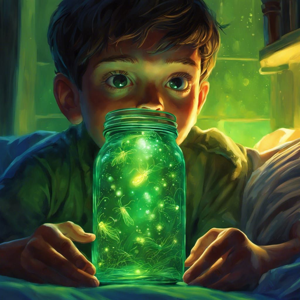 Boy and Firefly: Hyperrealistic Art with Green Lighting