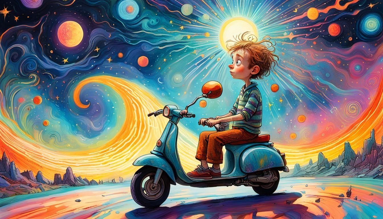 Boy on Scooter, Cosmic Illustration Style