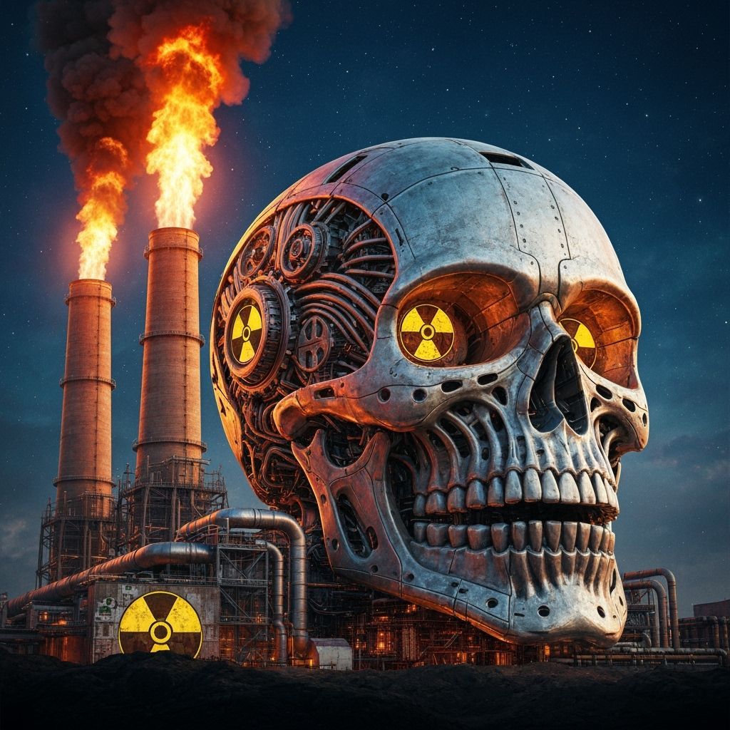 Dystopian Nuclear Skull Power Plant in Fiery Night