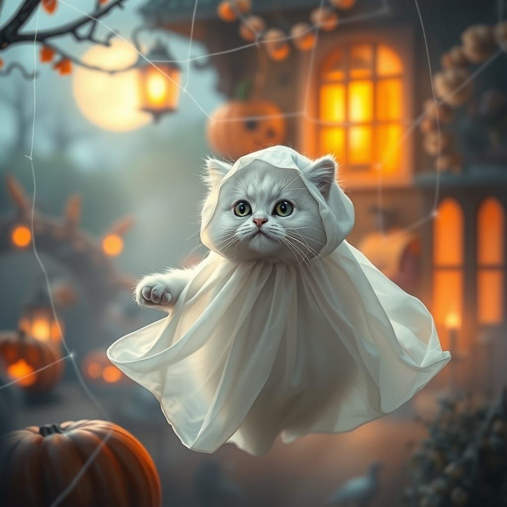 Fluffy Cat Ghost Costume in Misty Halloween Scene
