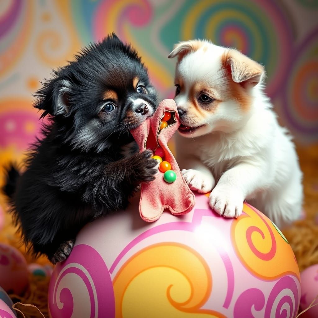 Whimsical Puppies Engage in Playful Tug-of-War on Giant East...