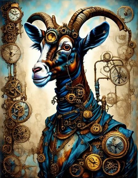 Clockwork Goat Cyborg in Steampunk Surrealism