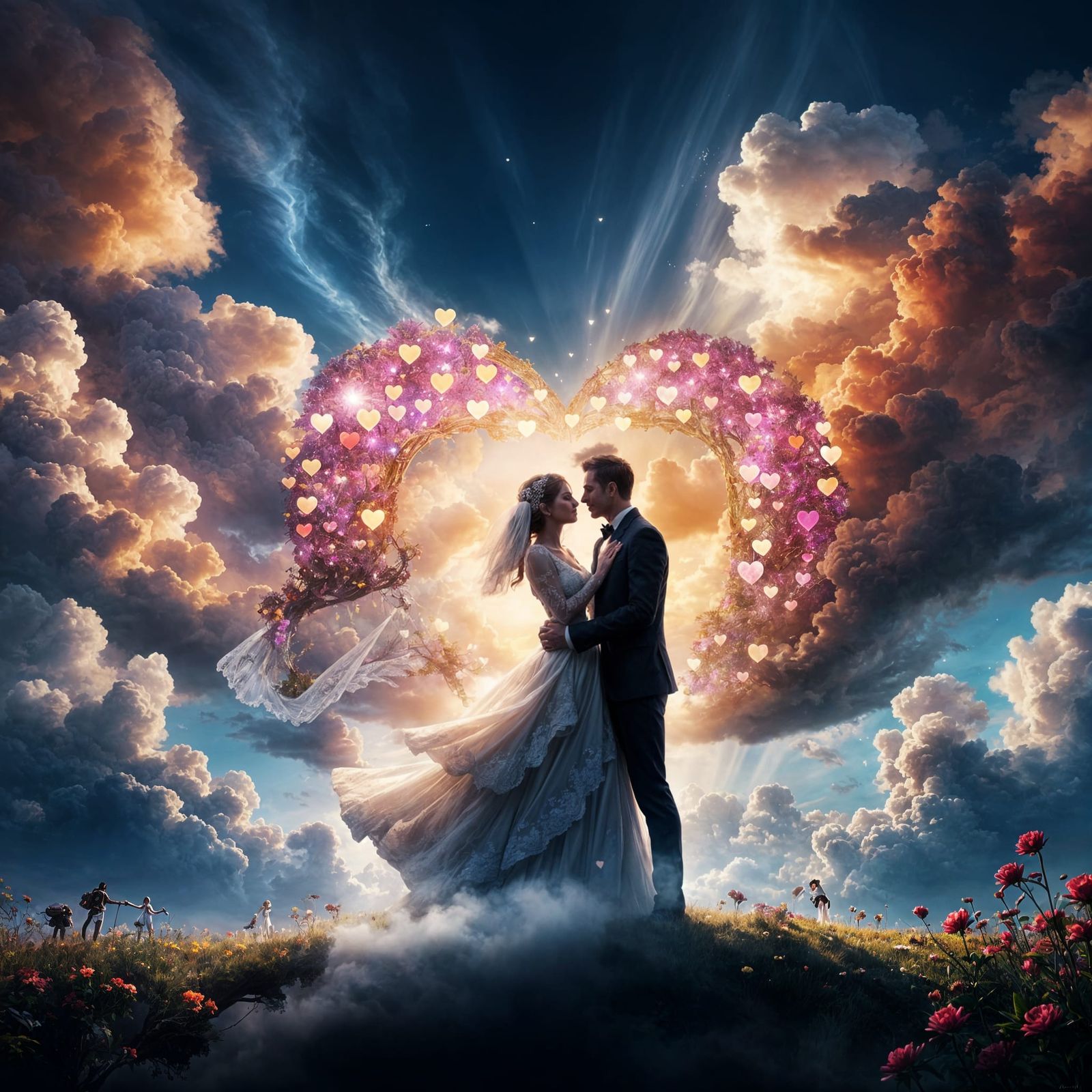Happy Newlyweds in a Cloud of Love