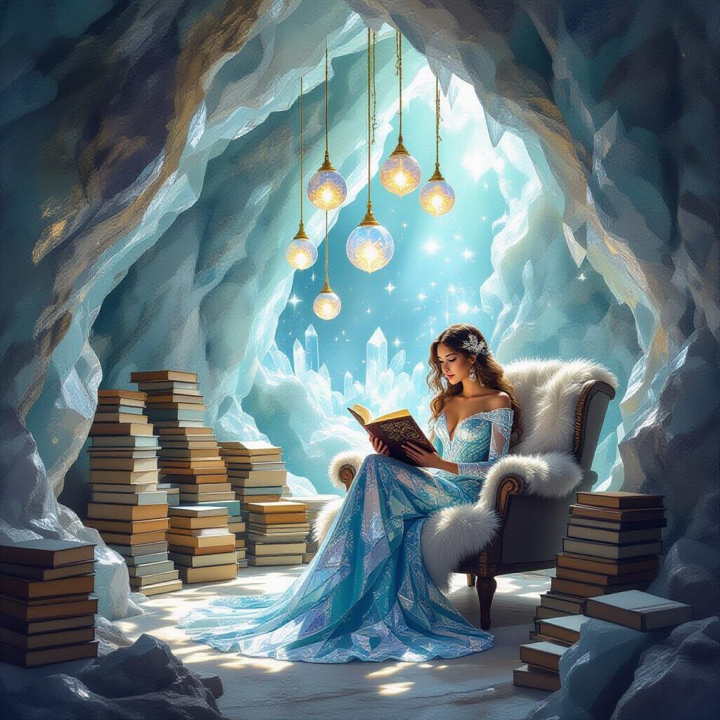 Cozy Geode Reading Nook with Magical Woman