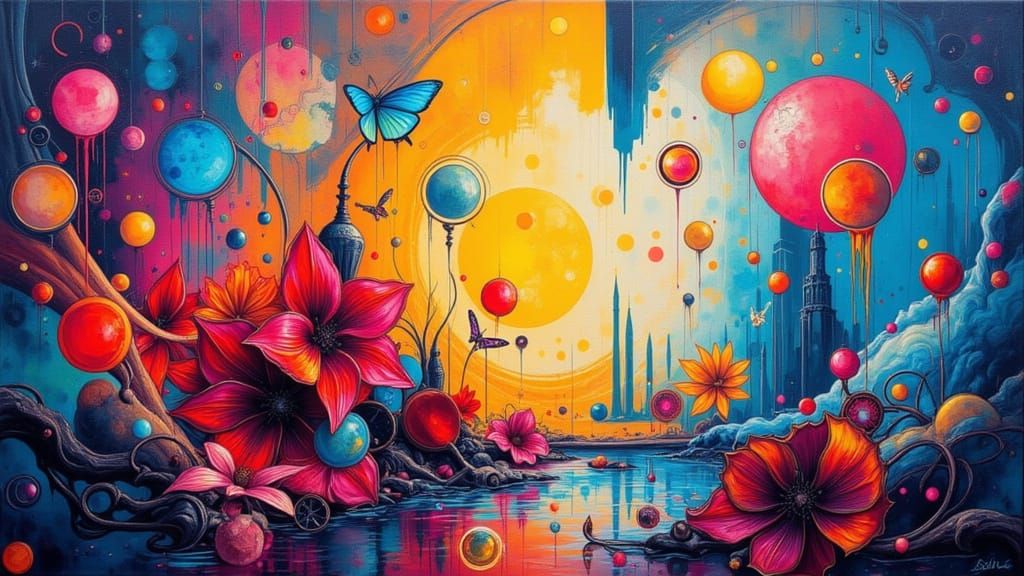 Abstract Dreamscape with Floating Shapes and Cosmic Elements