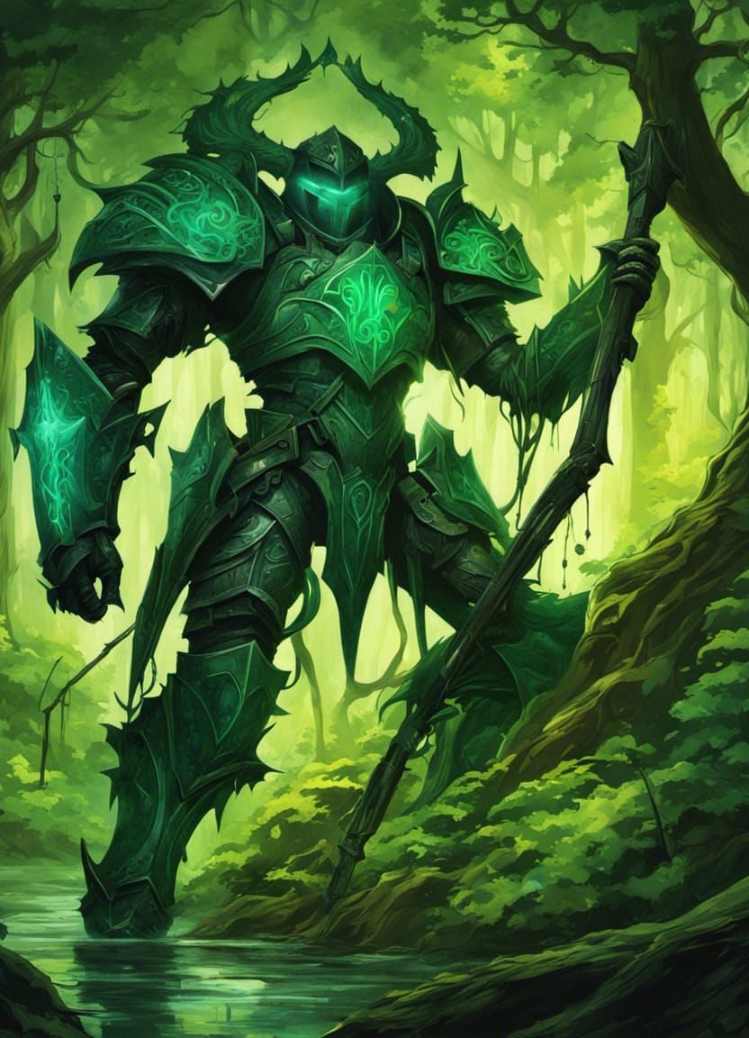 Bioluminescent Green Knight in Forest Splash Art