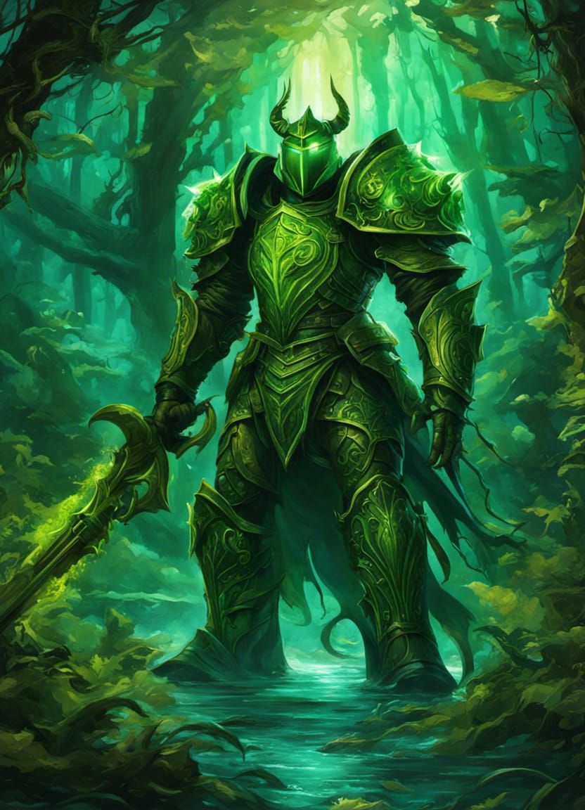 Ethereal Green Knight Emerges from Dark Forest Vines