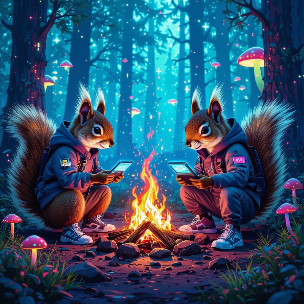 Cyberpunk Squirrels in Digital Forest with Holographic Campf...