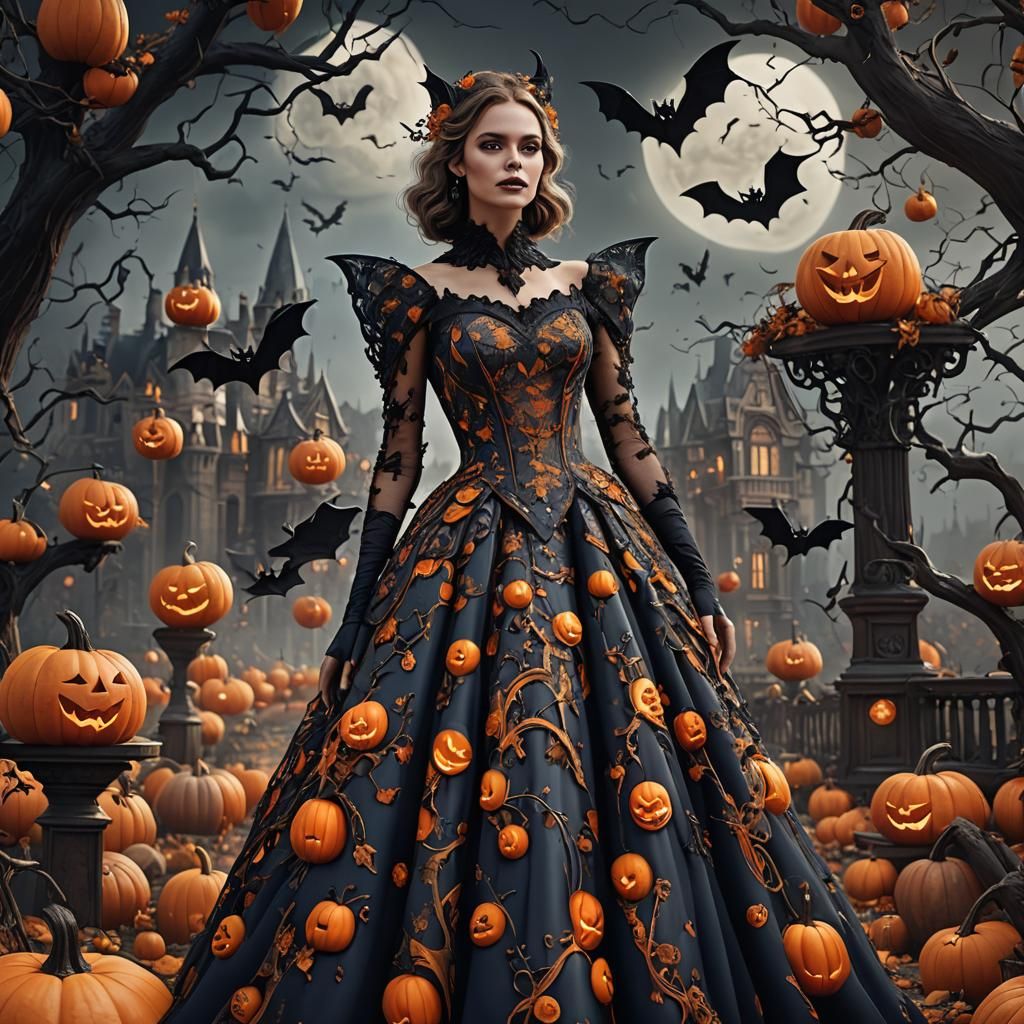 Haute Couture Bat Dress with Pumpkins and Ghosts