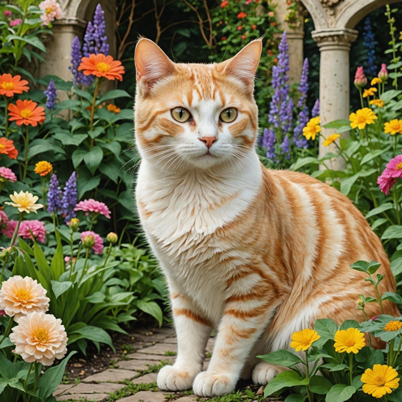 Tabby Cat in Anime Garden, Waterhouse Style
