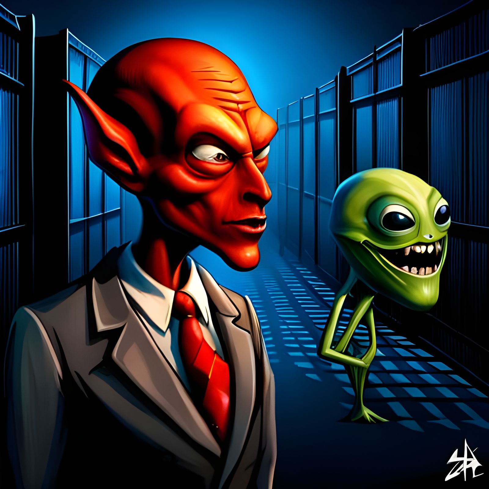 Cartoon Alien Arrested: 3D Render in Surreal Style