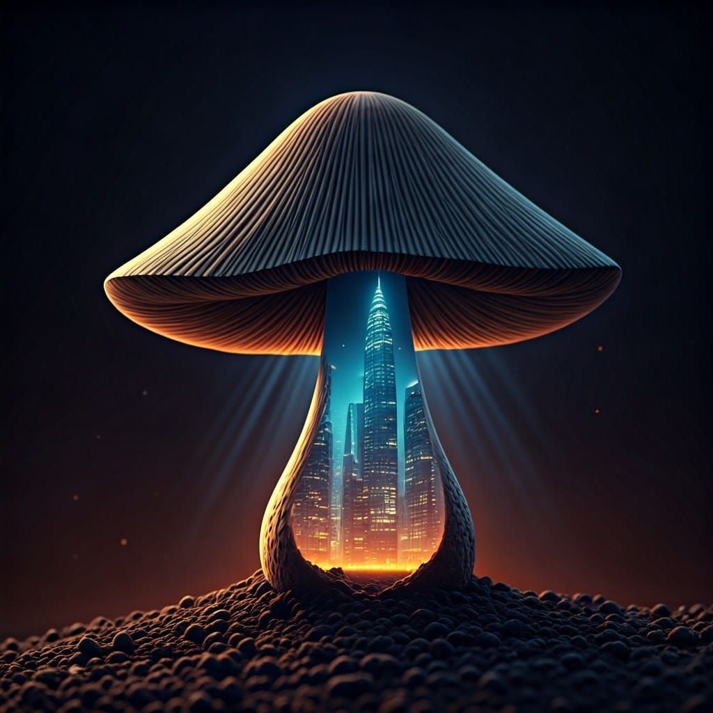 Surreal Double Exposure of a Mushroom Unveiling a Luminous C...