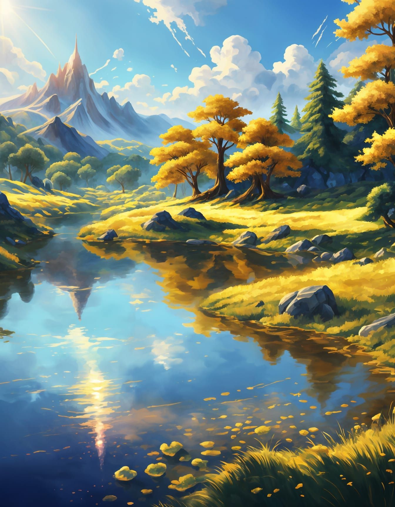 Ethereal Sunny Landscape in Digital Painting Style