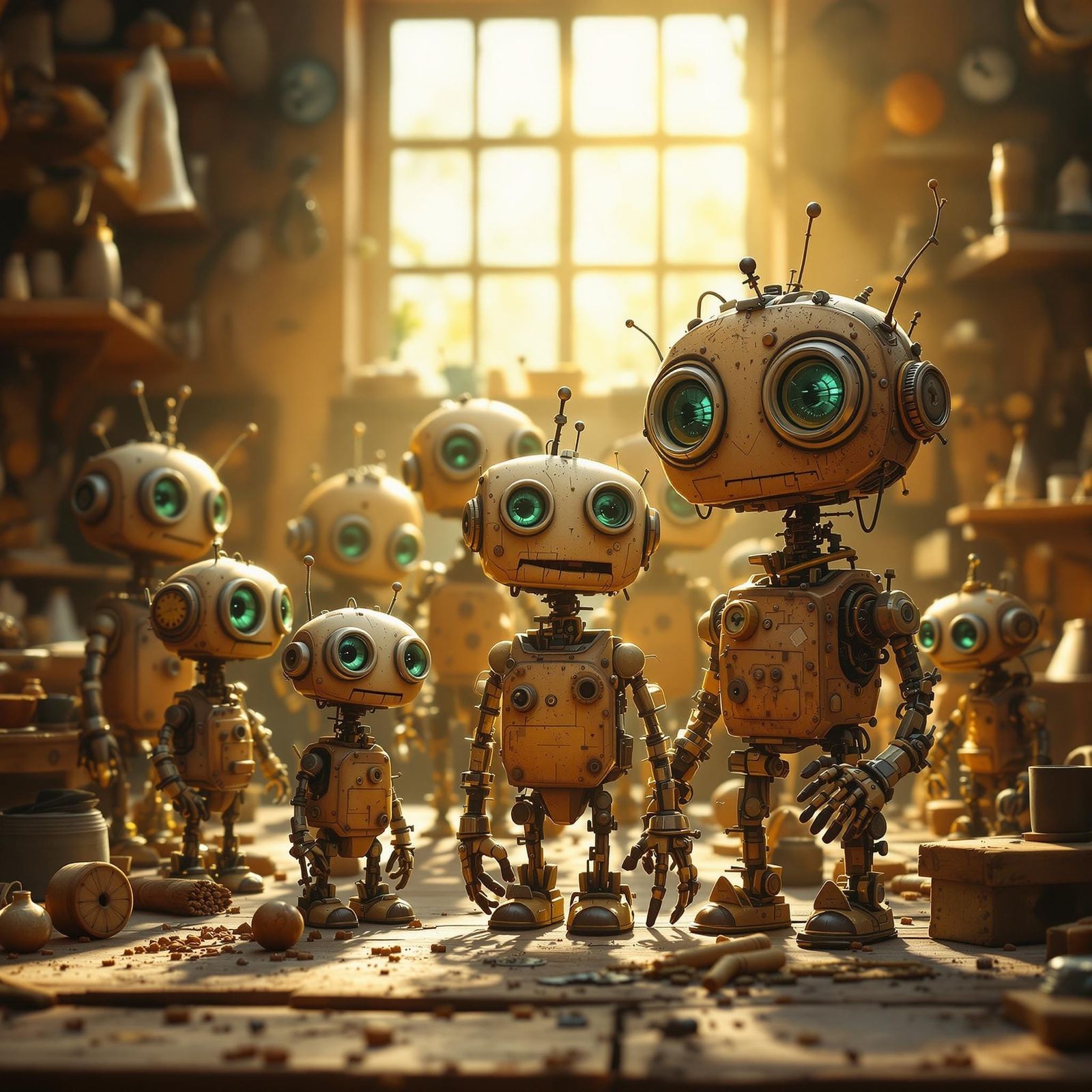 Whimsical Steampunk Robots in Warm, Golden-Lit Workshop